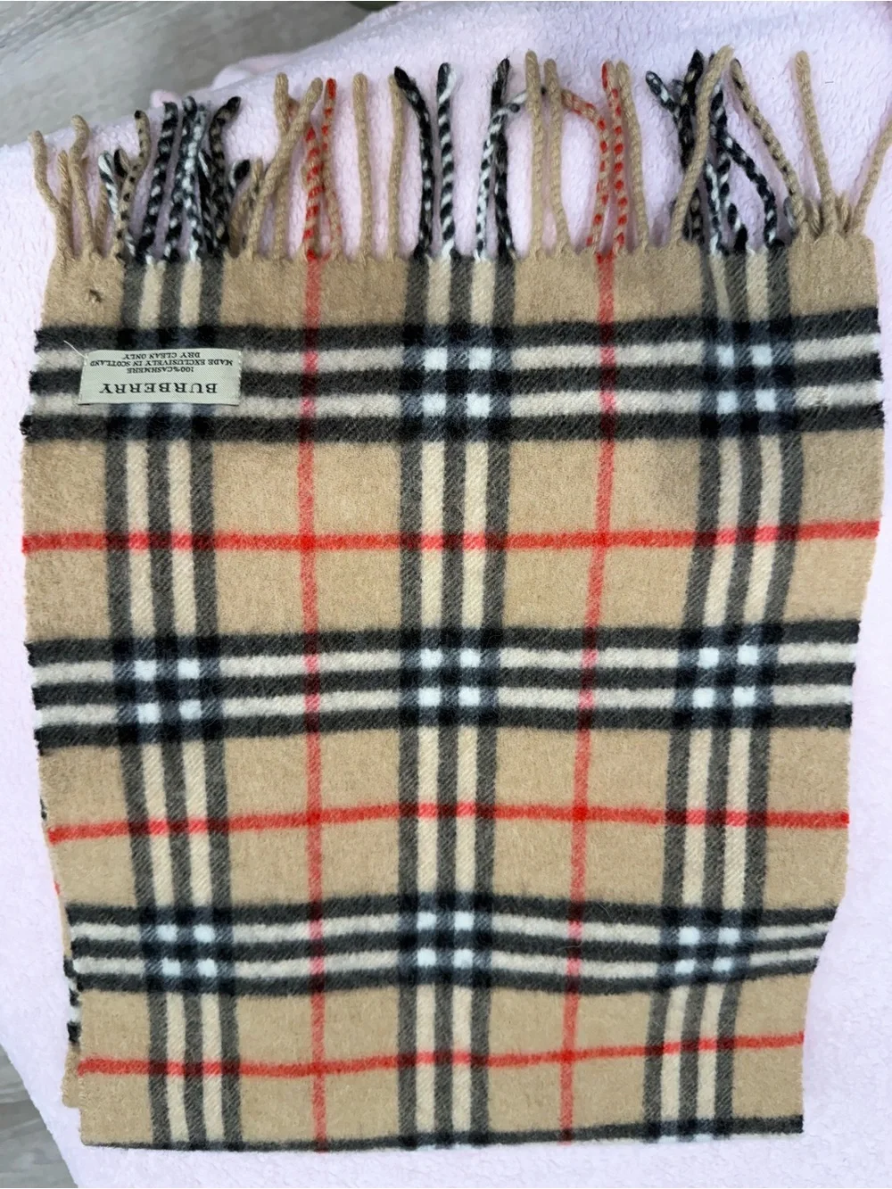Vintage Burberry Beige Camel Plaid Cashmere Scarf with Black, White and Red - Picture 3 of 4
